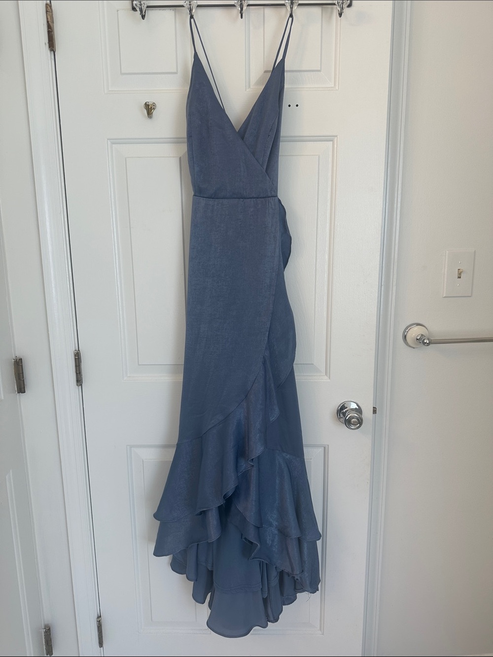Lulu's Dusty Blue Ruffled Strapless Gown
